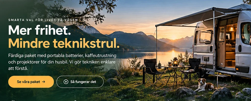 Illustrerad husbil vid en sjö i solnedgång